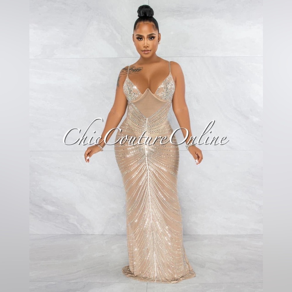 Narmada Nude Mesh Sheer Rhinestones Maxi Dress